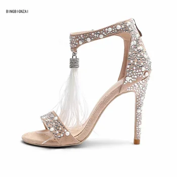 

BBZAI 2020 new pattern Summer high quality Ms feather Rhinestone sandals 12CM Thin Heels Sexy women's shoes Fashion Show 3-11 12