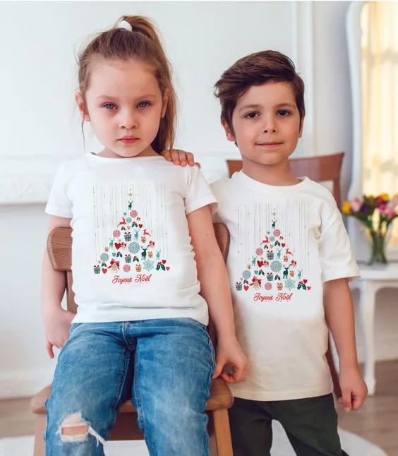 1 предмет, Joyeux Noel And Bonne Annee, Рождественская одежда для всей семьи, белая футболка одинаковые футболки для всей семьи для мальчиков и девочек и родителей Милая одежда для малышей