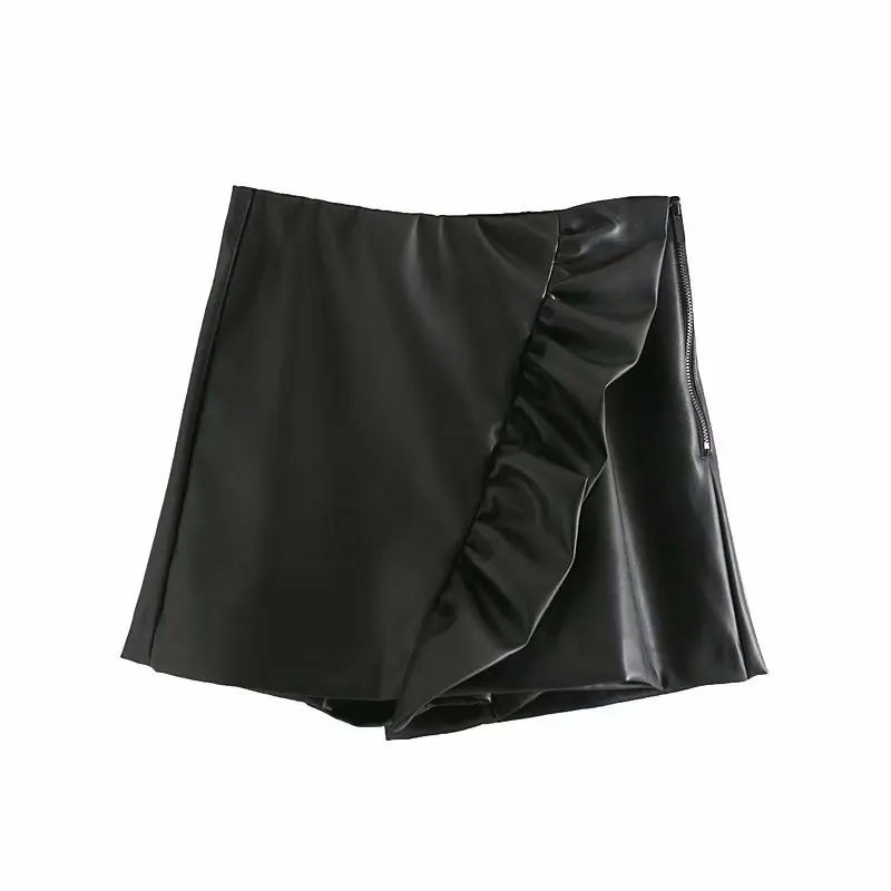black Искусственная кожа шорты Юбки Высокая талия каскадные оборки шорты черный pu зима Европейский Уличная одежда - Цвет: black
