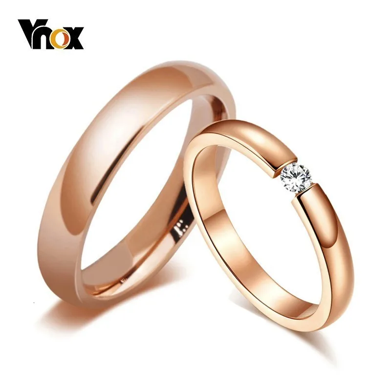 Vnox Trendy Bright 585 Rose Gold Tone Engagement Rings for Couples Stainless Steel