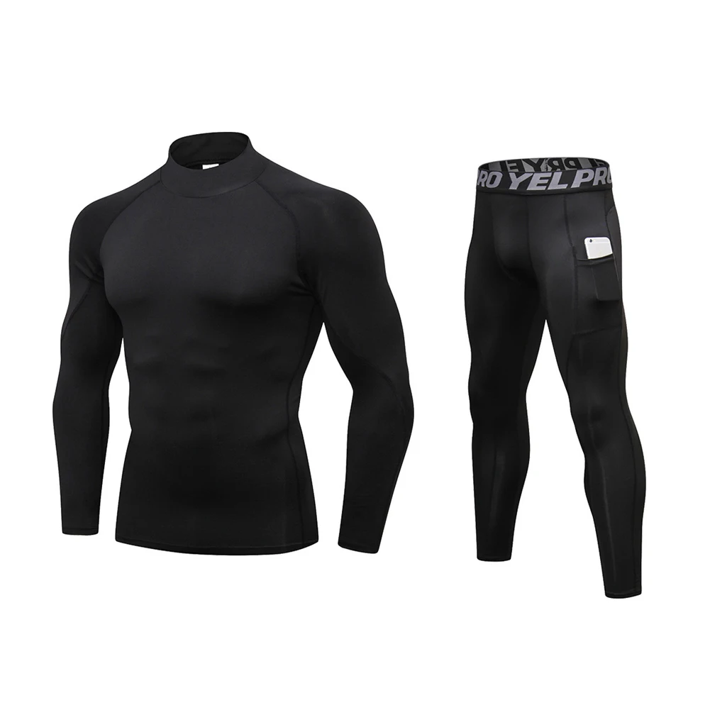 black set Fanceey, зимнее термобелье с высоким воротником, мужские кальсоны, мужская рубашка Рашгард, леггинсы, теплое Спортивное компрессионное термобелье, термо - Цвет: black set