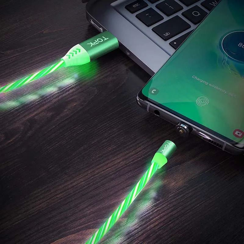 TOPK 1 м светодиодный светящийся Магнитный usb-кабель для iPhone Xs Max 8 7 Plus Micro USB type C Быстрая зарядка type-C Кабели для телефонов - Цвет: Green