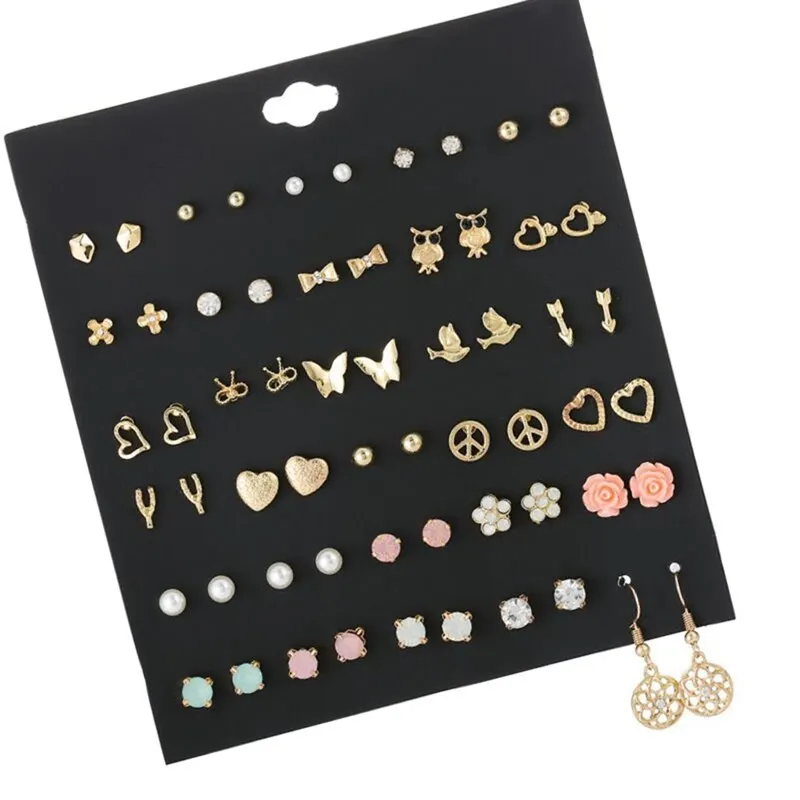 30 Pairs/set Vintage Trend Metal Alloy Small Earrings for Women Girl Kids Jewelry Trendy Animal Bird Owl Stud Earrings Set Mix