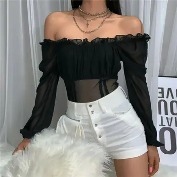 

Women Autumn Off Shoulder Long Sleeve Romper Ladies Spring Jumpsuit Stretch Solid Black Bodysuit Leotard Top