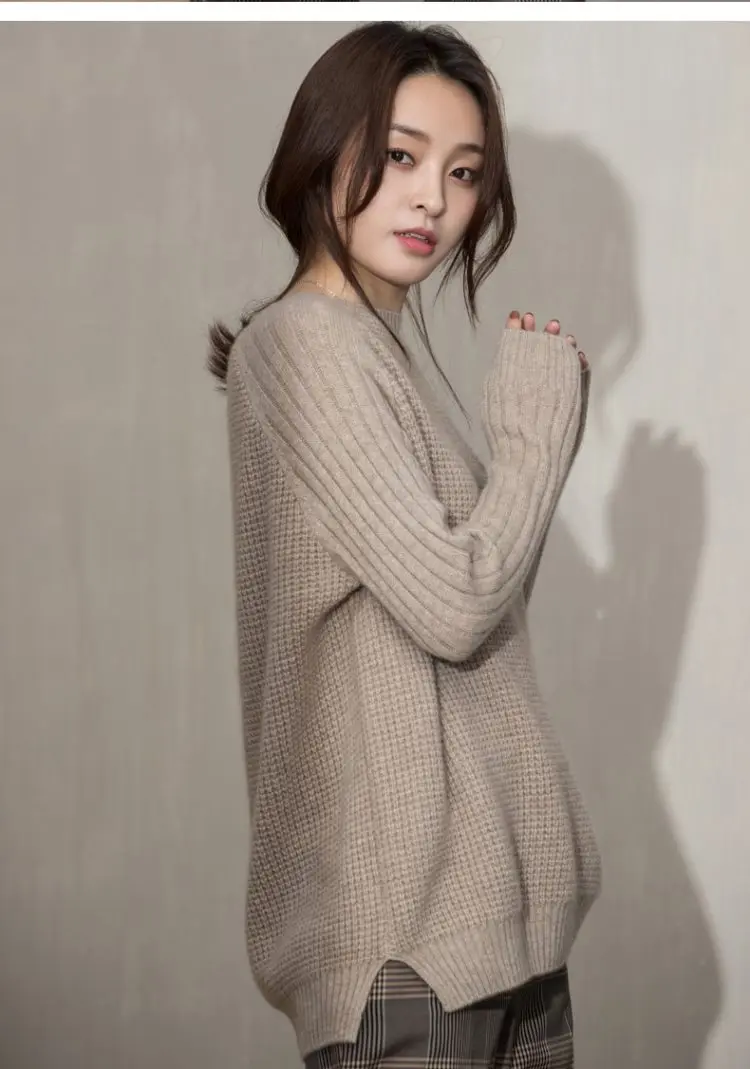Китайский Модный женский вязаный кашемировый свитер с длинным рукавом, однотонный пуловер с круглым вырезом, свободный свитер, горячая