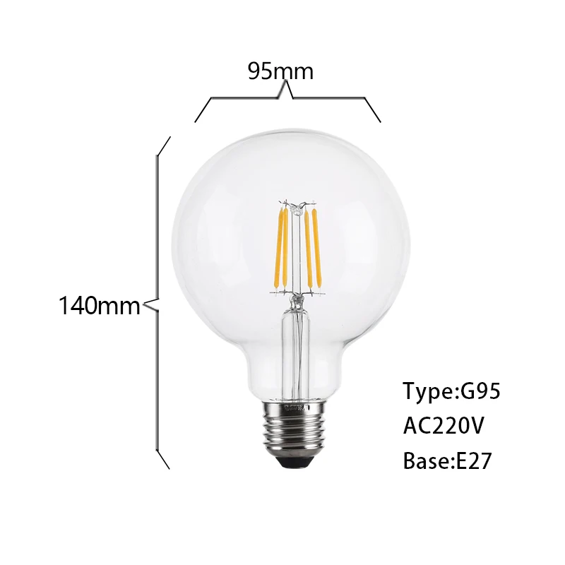 G95 220V Светодиодная лампа накаливания 2 Вт, 4 Вт, 6 Вт, 8 Вт, 220 В, 110 В, Ретро стиль, светодиодная лампа Эдисона E27, G95, A60, ST64, винтажный C35, E14, светодиодный светильник в форме свечи, лампа для домашнего декора - Испускаемый цвет: G95 220V