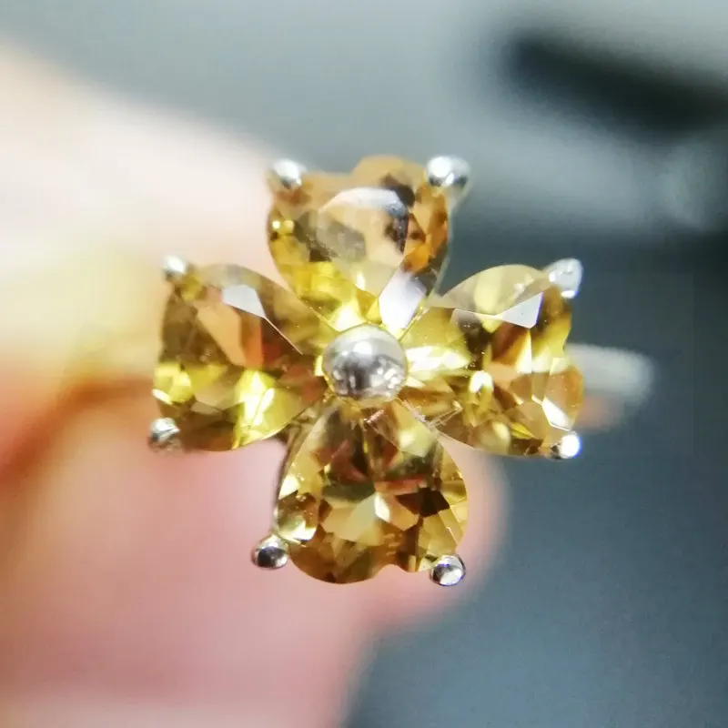 Натуральный настоящий цитрин кольцо 0.35ct* 4 шт драгоценный камень Любовь Сердце цветок стиль Серебро 925 пробы# C981809