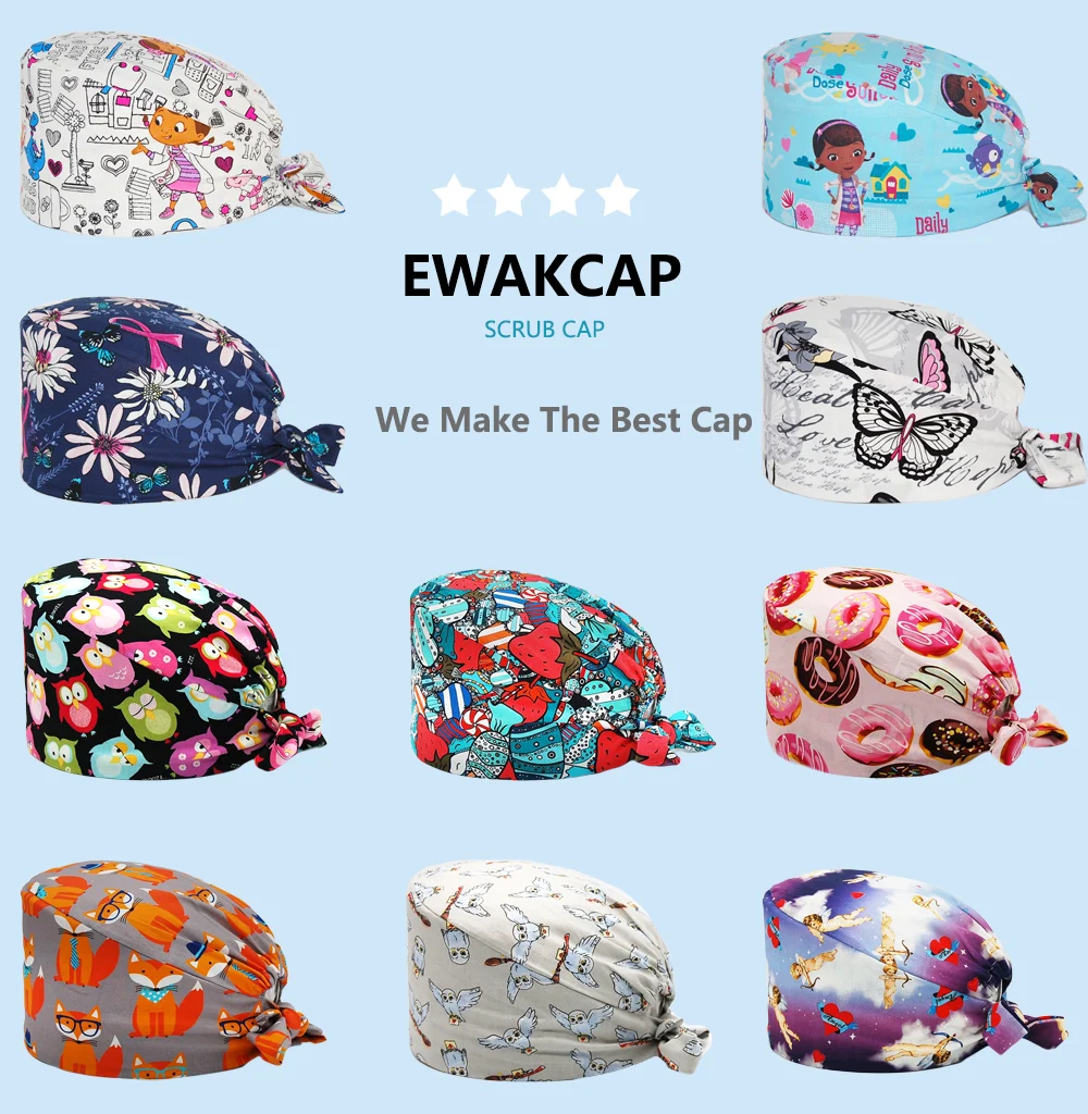 Unisex Scrub Cap with Buttons Adjustable Anime Printing Bouffant Nursing Hat Head Scarf Pet Shop Lab Women Work Surgicals Hats white skully hat