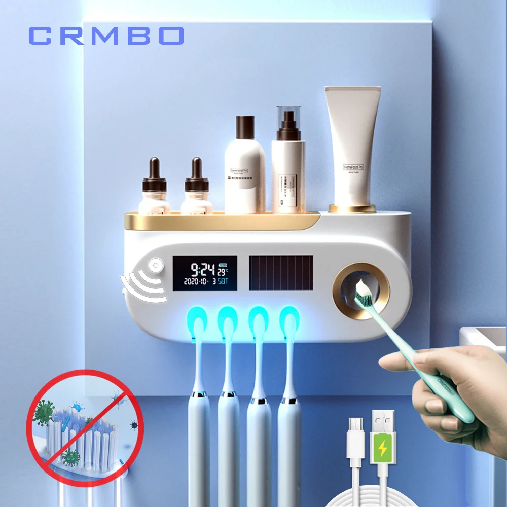 dispensador pasta dientes,Esterilizador de cepillo de dientes UV automático, dispensador de pasta dental, desinfectante, exprimidor, soporte para cepillo de dientes para Baño