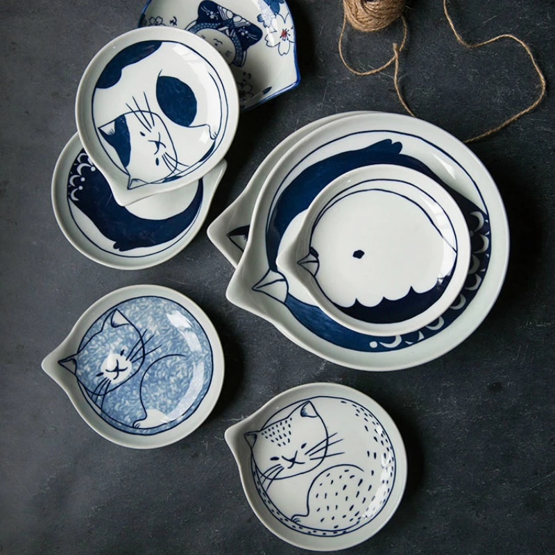 Japanese Style Ceramic Teardrop Plates Dishes Sets Fruit Tableware Creative Design Cute Cartoon Lucky Cat Pattern | Дом и сад