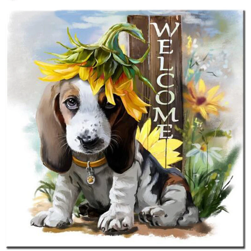 100% Full 5D Diy Daimond Painting &quotDog&ampsunflower&quot 3D Diamond Round Rhinestone Diamant Embroidery animal home bead Decor | Дом и сад