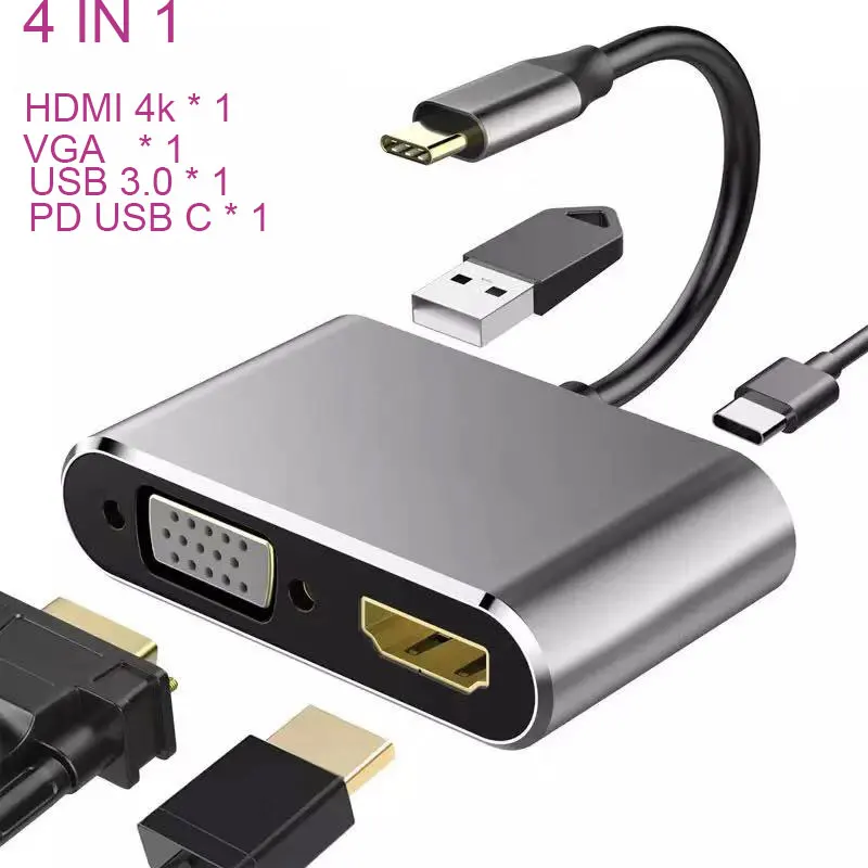  4 in 1 USB C HDMI Type c to HDMI 4K Adapter VGA USB3.0 Audio video Converter PD 87W Fast charger fo