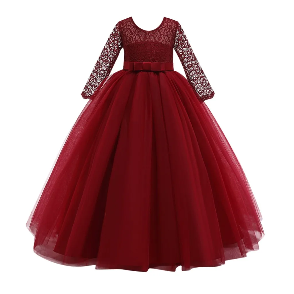 LONSANT/Детское платье с бантом, длинные кружевные Элегантные подростковые платья для выпускного вечера, вечерние платья принцессы для девочек на день рождения, N30 - Цвет: Wine