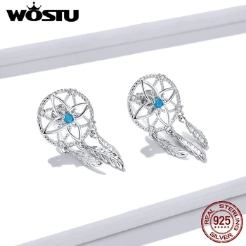 

WOSTU Dreamcatcher Drop Earrings 925 Sterling Silver Blue Zircon Feather Dangle Earrings For Women Wedding Jewelry FNE339