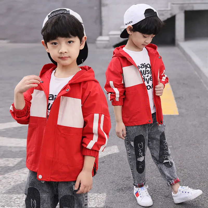 

CHILDREN'S Jacket 2019 Autumn New Style Korean-style Girls Big Boy Creative Flat Color-Block Hooded Trench Coat Fashion