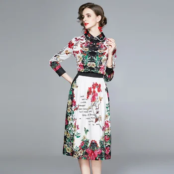 

Autumn Gothic 2 Piece Set Women Floral Print Long Sleeve Shirt + Retro Skrit Two-Piece Set Camisas De Mujer Elegantes K8851