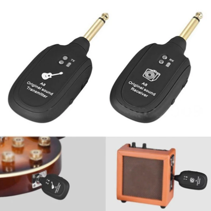 

2 Set UHF Electric Guitar Wireless System Transmitter Receiver o Transmission Built-in Rechargeable