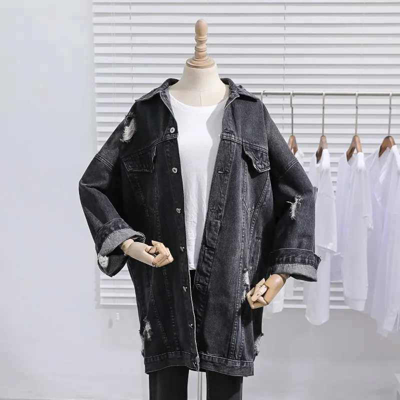 Осеннее винтажное женское длинное черное джинсовое пальто с квадратным воротником, с рукавами «летучая мышь», с карманами и пуговицами, свободные женские куртки, уличная одежда