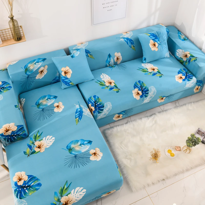 

Flower Printed Blue Sofa Cover Elastic Furniture Protector For Living Room Slipcover L Shaped Corner Couch Cover
