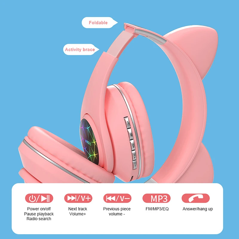 For Phones With Microphone HOT Bluetooth 5 0 Headphones LED Light Cat Ears Headset Wireless Earphone HIFI Stereo Bass Headphone