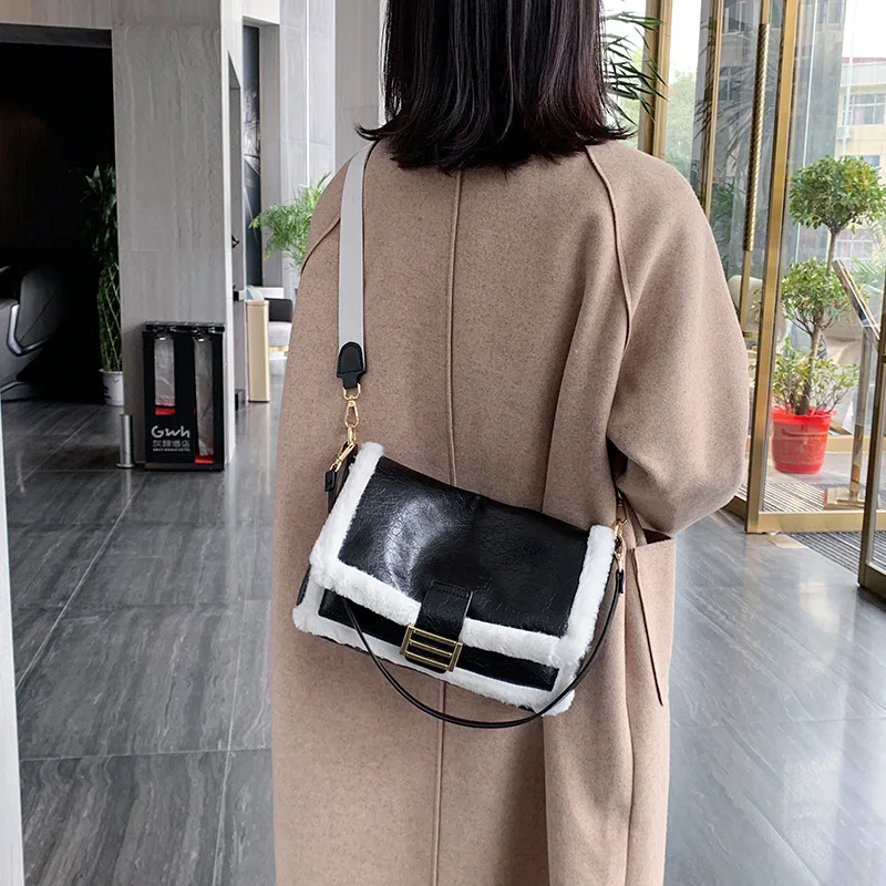 FANTASY Lambswool PU Leather High Capacity Crossbody Shoulder Bags For Women Messenger Bags Winter Trendy Handbags Lady
