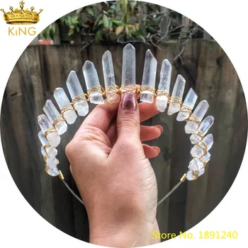 

Fashion Women Crystal Crowns Tiara Gold Wire Wrapped White Quartz Point Beads Crowns Bridal Crowns Wedding Hair Jewelry HG06KBCI