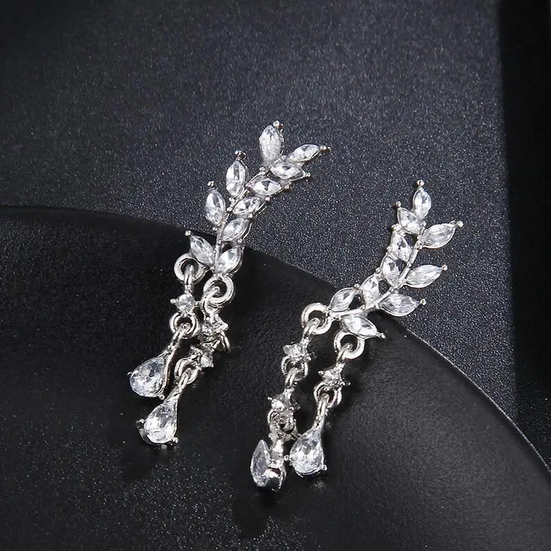 silver color Женские серьги-каффы в форме капель с кристаллами, стразы, золотой, серебряный цвет, Винтажные серьги-гвоздики с кисточками в виде листьев в стиле панк - Окраска металла: silver color