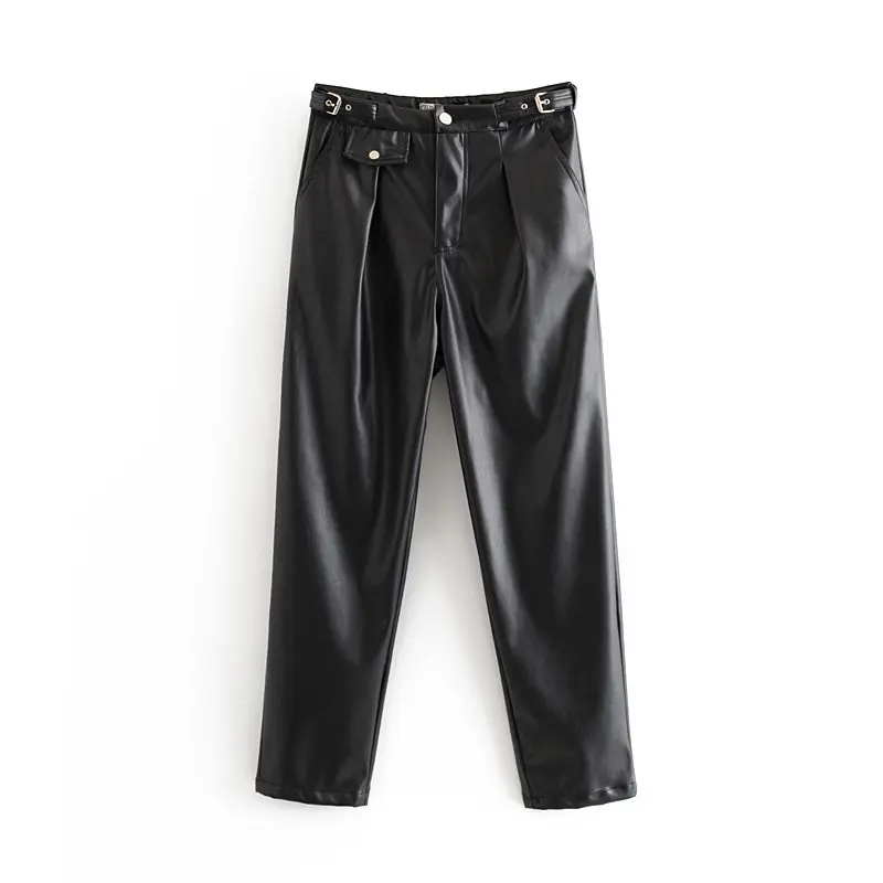 1457G Black Новинка, модные женские черные брюки из искусственной кожи с высокой талией, женские свободные брюки из искусственной кожи, элегантные брюки с карманами на молнии и кнопках - Цвет: 1457G Black