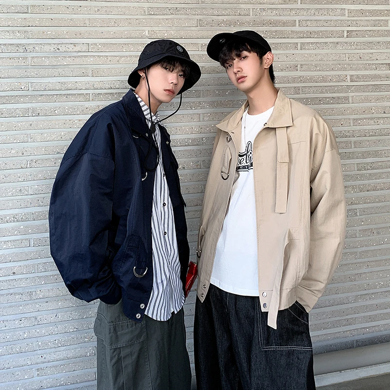 

Nice Spring And Autumn Wear Youth Men Japanese Retro Tooling Loose Solid Color Jacket Fashion Casual Shirt Khaki / Navy