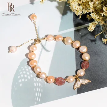 

Bague Ringen Trendy Silver 925 Jewelry Natural Freshwater Pearl Bracelet for Women Strawberry Crystal Fish tail Wedding Ornament