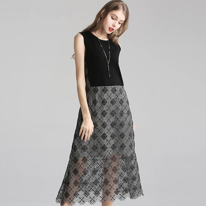 Autumn And Winter Retro Dress Streetwear Style Palace Embroidery splice knitting Sleeveless Slim Elegant A-line Vest Dress M-XL