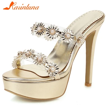 

KARINLUNA Female Party Dress Prom Pumps Platform Flower Slip On High Heels Women Pumps Fashion Golden Women Shoes