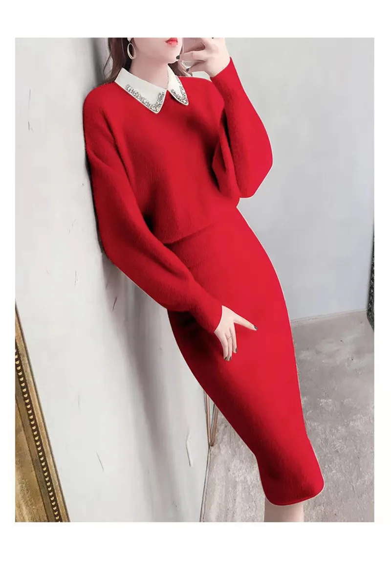 Женский вязаный костюм, весенний мягкий искусственный вельветовый пуловер, свитер+ юбка, комплект из 2 предметов, женский тонкий сексуальный комплект с юбкой, красный, розовый, W1646