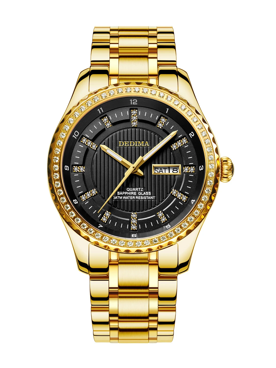 DEDIMA Gold Diamond double calendar waterproof night light steel strip men's watch business leisure Watch