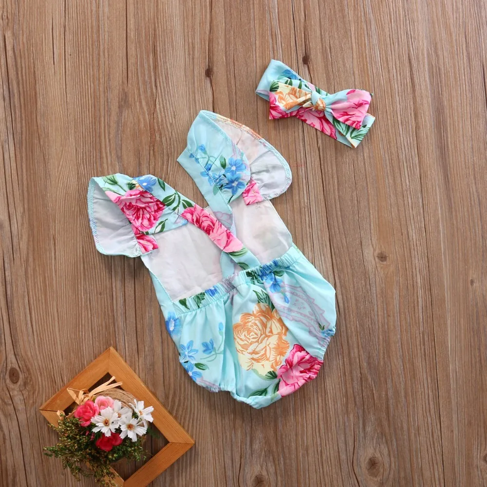 2020 Newborn Toddler Baby Girls Bodysuits Jumpsuit Ruffles Sleeveless Floral Sunsuit Baby Girls Clothes Summer Infant Outfits customised baby bodysuits