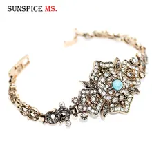 SUNSPICEMS турецкий натуральный камень Ретро Браслет-манжета для женщин старое золото цвет стразы цветок очаровательная цепочка на запястье индийские ювелирные изделия