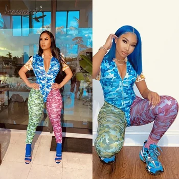 

New Sexy Camouflage Two Piece Set Tracksuit Women Summer Clothes Bodysuit And Pant Sweat Suits 2 Piece Outfits Matching Sets