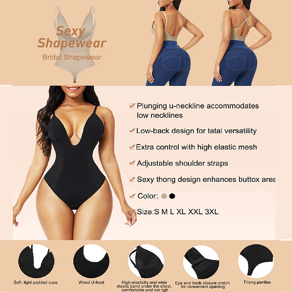 Fajas Colombianas Bodysuit Shapewear Deep V-Neck Body Shaper Backless U Plunge Thong Shapers Waist Trainer Push Up Women Corset