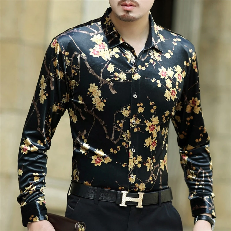 Camisas fiesta para hombres, camisa para hombres, nueva primavera 2020, camisa de diseñador de manga camisa terciopelo con estampado de flores, camisa de fiesta de Club Chemise Homme|Camisas informales| -