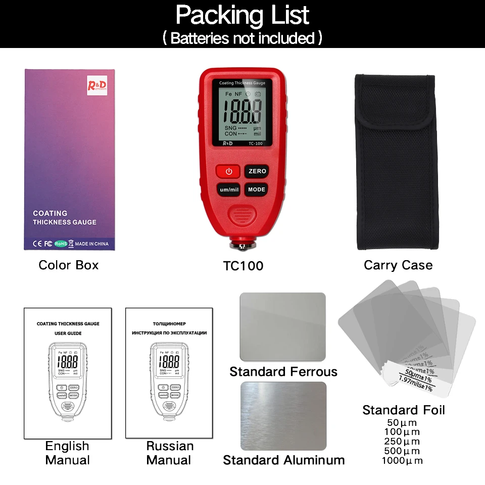 Paint Thickness Gauge R&D TC100 Coating Thickness Gauge Car Paint Film Thickness Tester Measuring FE/NFE Russian Manual Paint Tool 0.1micron 1300um