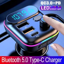 2021 רכב Bluetooth 5.0 FM משדר פ"ד סוג C QC3.0 כפולה USB מטען 7 אווירה צבעונית אור MP3 נגן מוסיקת Lossless