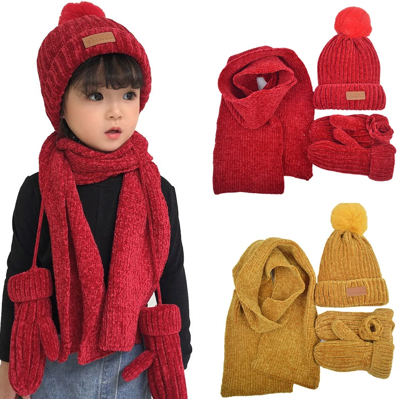 

Three-piece Knitted Hats Scarf Gloves Set Children Hat PomPon Autumn Winter Warm Mitten Boy Cap Beanie Fashion Sets Kids Caps