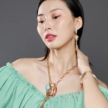 WealthyBoo Boho Enamel Marine Life Charms Pendant Necklace Chic Mermaid Tassel Conch Dangle Choker Ocean Beauty Accessories