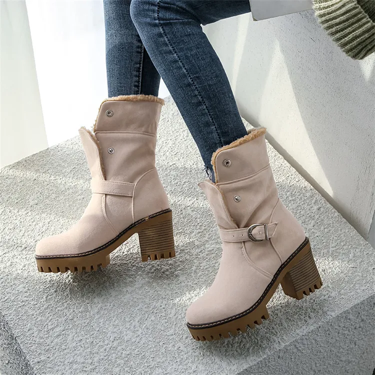 New Women Boots Winter Outdoor Keep Warm Fur Boots Platform Women's Snow Boots Thick heel with round head short boot