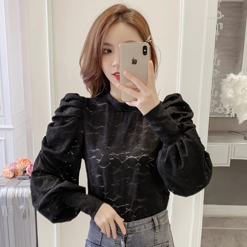 

COIGARSAM Casual Lace blouse women New Winter Chiffon Puff Sleeve blusas womens tops and blouses White Black 6795