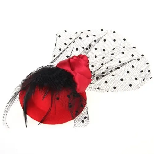Мини-шляпа с перьями и розовыми сетчатыми точками Вуалетка для волос вуалью