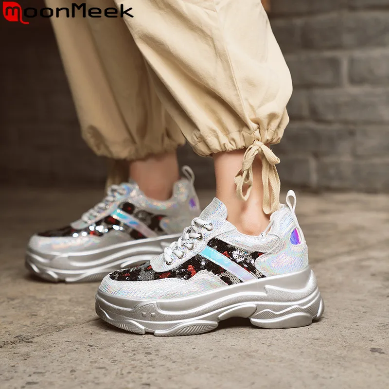 

MoonMeek 2020 new sneakers shoes women round toe mixed colors flat platform shoes ladies genuine leather shoes women flats