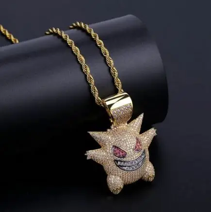 Мужское ожерелье, ювелирные изделия в стиле хип-хоп, маска Gengar, ожерелье, подвеска с покемоном, кубический циркон, медное ожерелье, подарок для мужчин, длинное ожерелье - Окраска металла: Золотой цвет