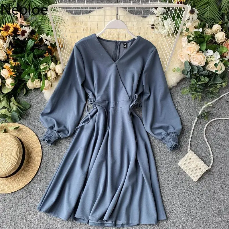 Neploe/женское осеннее элегантное Пышное Платье с длинным рукавом, ropa mujer, v-образный вырез, высокая талия, тонкие вечерние платья трапециевидной формы, Vestido, зима 46380