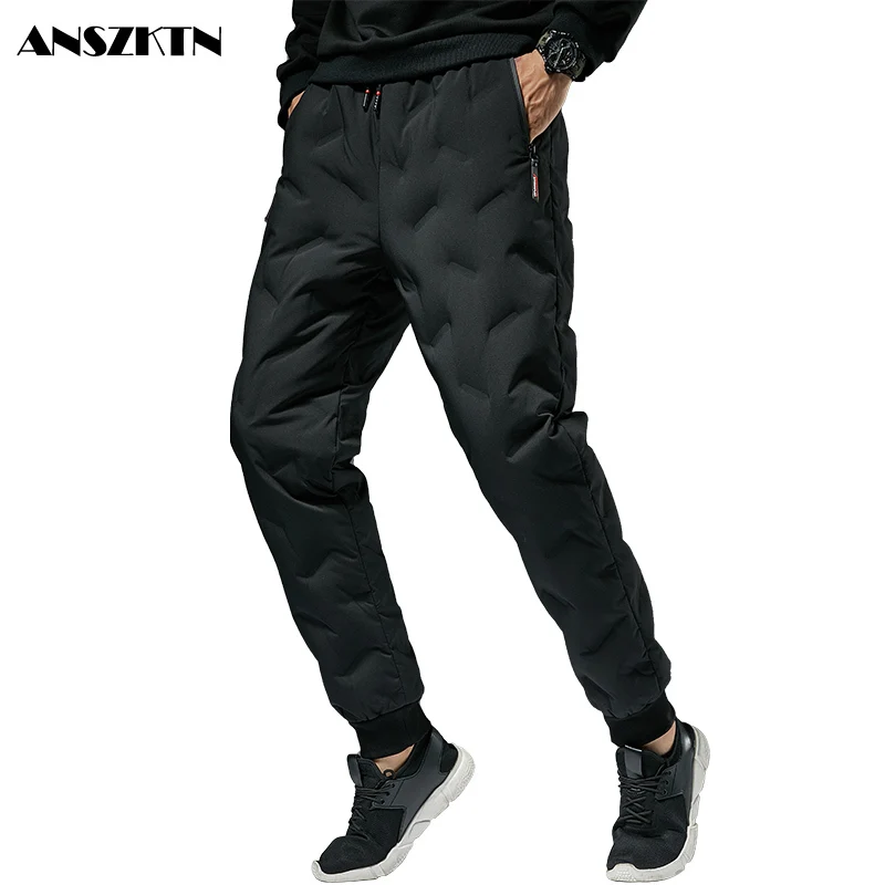 

ANSZKTN Winter Man Down Pants Solid black Color Thicken Windproof Warm 90% White Duck Down Elastic waist Outdoor Trousers